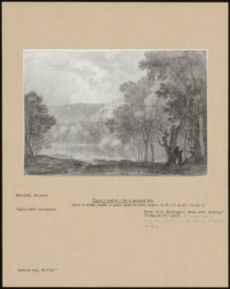 Figures And Deer By A Wooded Lake