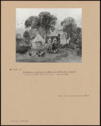 Children, A Cart And Chickens In Front Of A Cottage