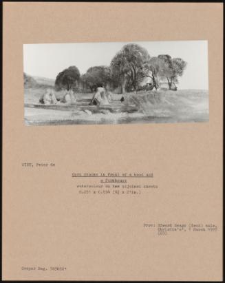 Corn Stooks in Front of a Wood and a Farmhouse