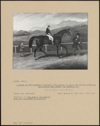 A Study Of The Racehorse 'freney' With Jockey In Green And Yellow Silk Up, The Trainer And Stable Lad Standing By.