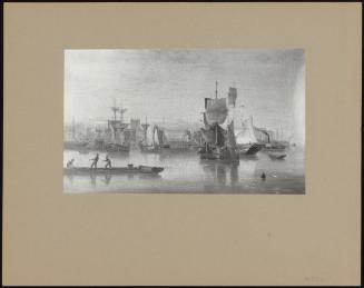 A Harbour Scene With Fishing Boats At Anchor