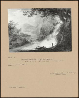 Landscape With Man Fishing By A Cascade