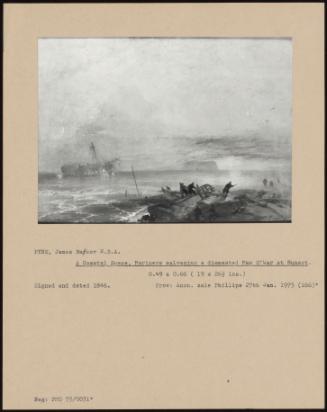 A Coastal Scene, Mariners Salvaging A Dismasted Man O'war At Sunset.