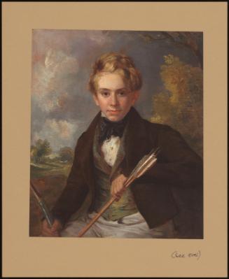 Portrait Of A Boy In A Brown Jacket And Green Vest, Holding A Bow And Arrows In A Landscape