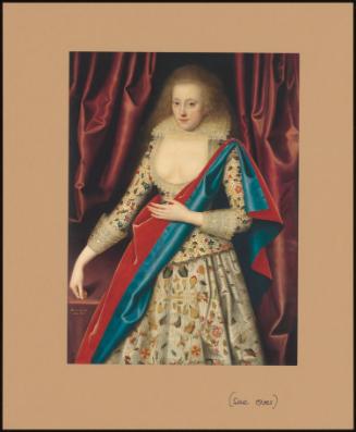 Portrait Of A Lady, Probably Thornagh, In An Embroidered Bodice And An Embroidered Dress, With A Pale Yellow Lace Collar, And A Blue And Red Mantle Over Her Left Shoulder