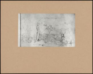 (Pencil Drawing Of Wooden Fence And Gate With Trees And An Outbuilding From Sketchbook)