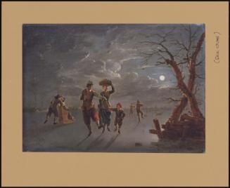 A MOONLIT WINTER LANDSCAPE WITH SKATERS ON A FROZEN RIVER