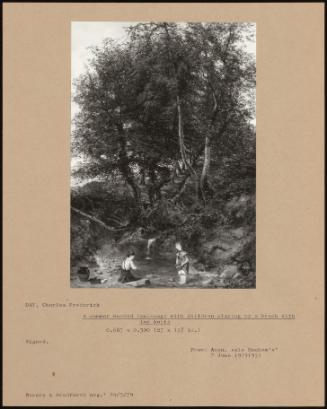 A Summer Wooded Landscape With Children Playing By A Brook With Toy Boats