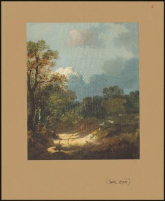 Wooded landscape with shepherd resting by a sunlit track, and scattered sheep