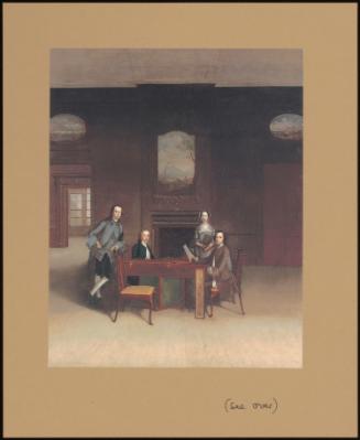 GROUP PORTRAIT OF A LADY AND THREE GENTLEMAN GATHERED AROUND A HARPSICHORD, IN AN INTERIOR