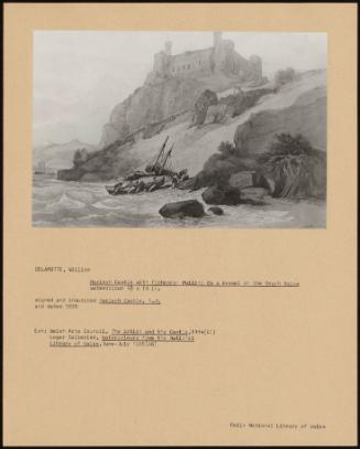 Harlech Castle With Fishermen Pulling In A Vessel On The Beach Below