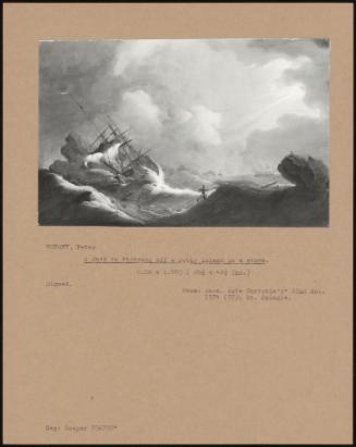 A Ship In Distress Off A Rocky Island In A Storm.