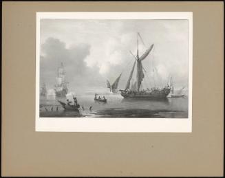 Royal Yacht With Men O' War Firing A Salute; Fisherman In Foreground