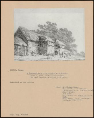 A Thatched Barn With Animals By A Spinney