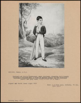 Portrait Of Philip Wodehouse, Aged Thirteen, Standing Full-Length Holding A Cricket Bat, A View Of Harrow School In The Distance