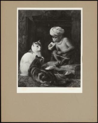 A Monkey Wearing Spectacles And A Turban, Seated With Two Cats