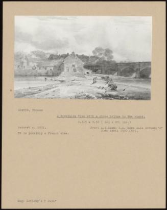 A Riverside Town With A Stone Bridge To The Right.