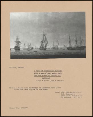 A View Of Portsmouth Harbour With A Man-O'-War Under Sail And The Fleet At Anchor Off Spithead