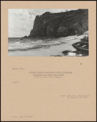 A Rocky Coastal Landscape With A Fisherman Unloading His Catch On A Beach