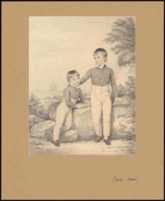 DOUBLE PORTRAIT OF GEORGE CARNEGIE, LORD ROSEHILL, AGED NINE, WITH HIS BROTHER THE HON. WILLIAM HOPETOUN CARNEGIE, AGED SIX, WITH SHIPS AT SEA BEYOND