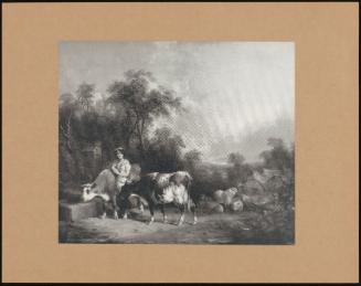 A Shepherdess Watering Cattle and Sheep at a Farm Pump