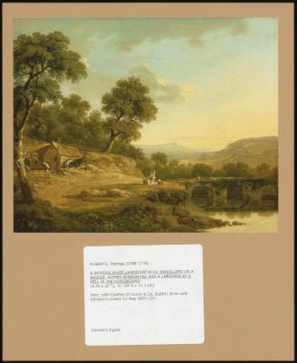 A Wooded River Landscape with Travellers on a Bridge, Women Winnowing and a Labourer by a Mill in the Foreground