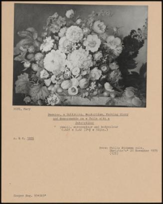 Peonies, A Hollyhock, Nasturtium, Morning Glory And Honeysuckle On A Table With A Caterpillar