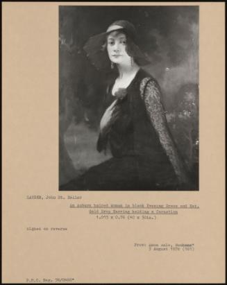 An Auburn Haired Woman In Black Evening Dress And Hat, Gold Drop Earring Holding A Carnation