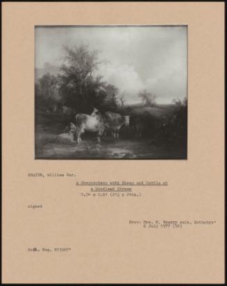 A Shepherdess with Sheep and Cattle at a Woodland Stream