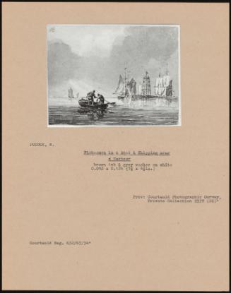 Fishermen In A Boat & Shipping Near A Harbour