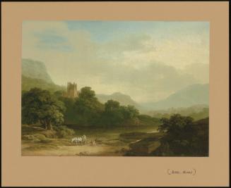 An Extensive Lakeside Landscape, with a Ruined Castle on a Hill, and Figures Loading a Cart in the Foreground