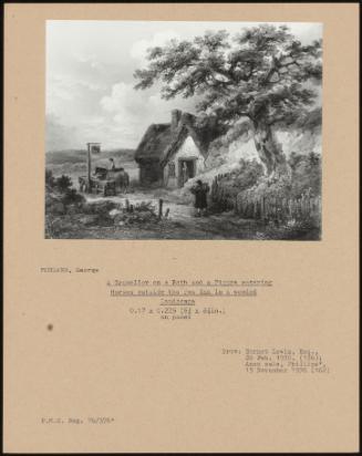 A Traveller On A Path And A Figure Watering Horses Outside The Fox Inn In A Wooded Landscape