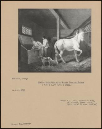 Stable Interior, With Grooms Feeding Horses