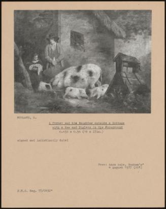 A Farmer And His Daughter Outside A Cottage With A Sow And Piglets In The Foreground