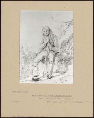 An Old Man With A Staff Seated On A Bank.