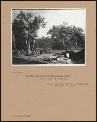 A Forest Landscape With Men Building A Road.