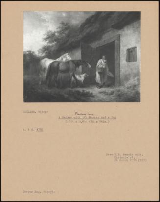 Feeding Time; A Farmer With Two Horses And A Dog