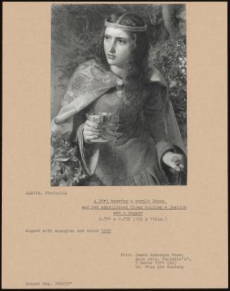 A Girl Wearing a Purple Dress and Red Embroidered Cloak Holding a Chalice and a Dagger