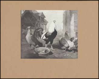 A Game - Lock With Tow Hens, A Farmyard In Background.
