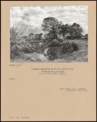 A Sunlit Landscape In Spring, With Cattle Drinking In A Dew Pond