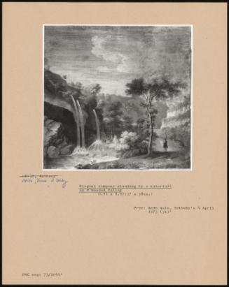 Elegant Company Standing by a Waterfall in a Wooded Valley