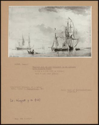 English men of war becalmed in an estuary with fishing boats