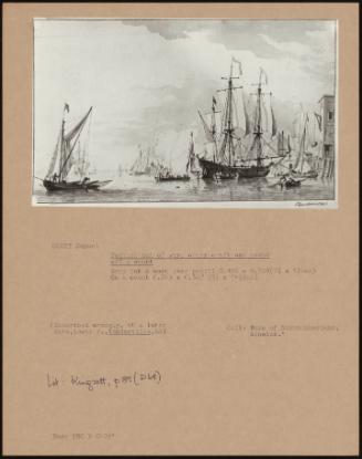 English man of war, other craft and boats off a wharf