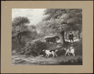 Huntsman, Horse and two Dogs in Wooded Landscape