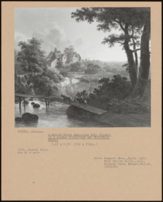 A Wooded River Landscape With Figures On A Wooden Footbridge And Buildings Beyond