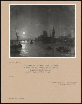 The Houses Of Parliament From The Thames By Moonlight With Steamboats And Sailing Barges In The Foreground