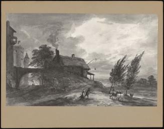 Rural Scene with Castle, Cottages, People and Cattle