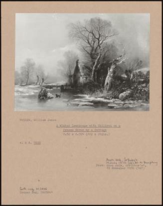 A Winter Landscape With Children On A Frozen River By A Cottage