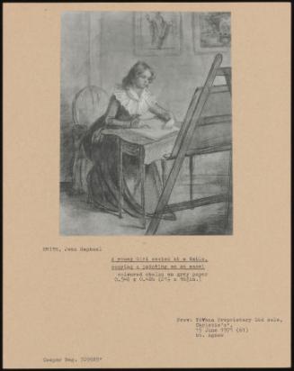 A Young Girl Seated At A Table, Copying A Painting On A Easel