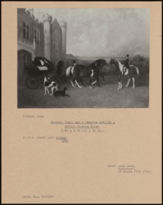 Horses, Dogs, And A Phaeton Outside A Gothic Country House